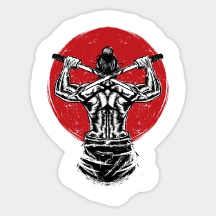 sketched warrior holding two katana swords to his back. Sticker